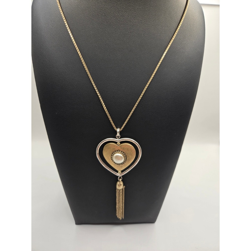 Mixed Metal Heart Pendant Tassel Necklace Gold Silver Tone Faux Pearl Adjustable